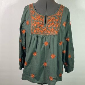 Ayurvastram Top Women Size XL Green w Orange Embroidery Long Sleeve